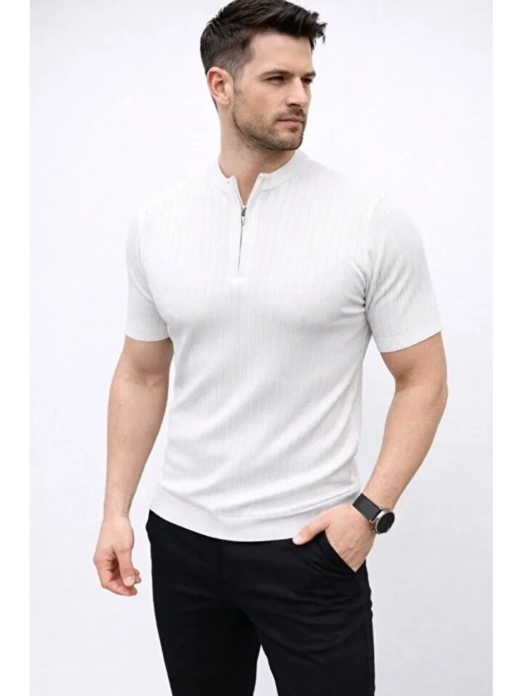 Beyaz Erkek Kısa Kol Fitilli Triko Tişört-2