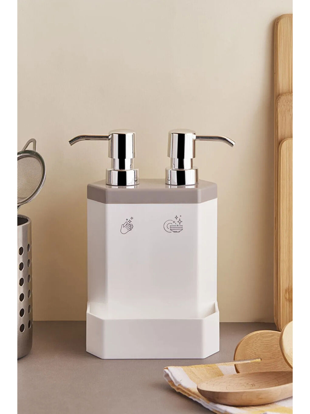 Bej Marlon Lecce 2'li Süngerlik Hazneli Mutfak Plastik Sıvı Sabunluk Kahverengi-1