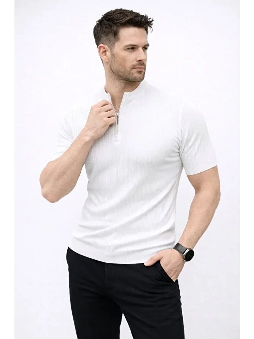 Beyaz Erkek Kısa Kol Fitilli Triko Tişört-3