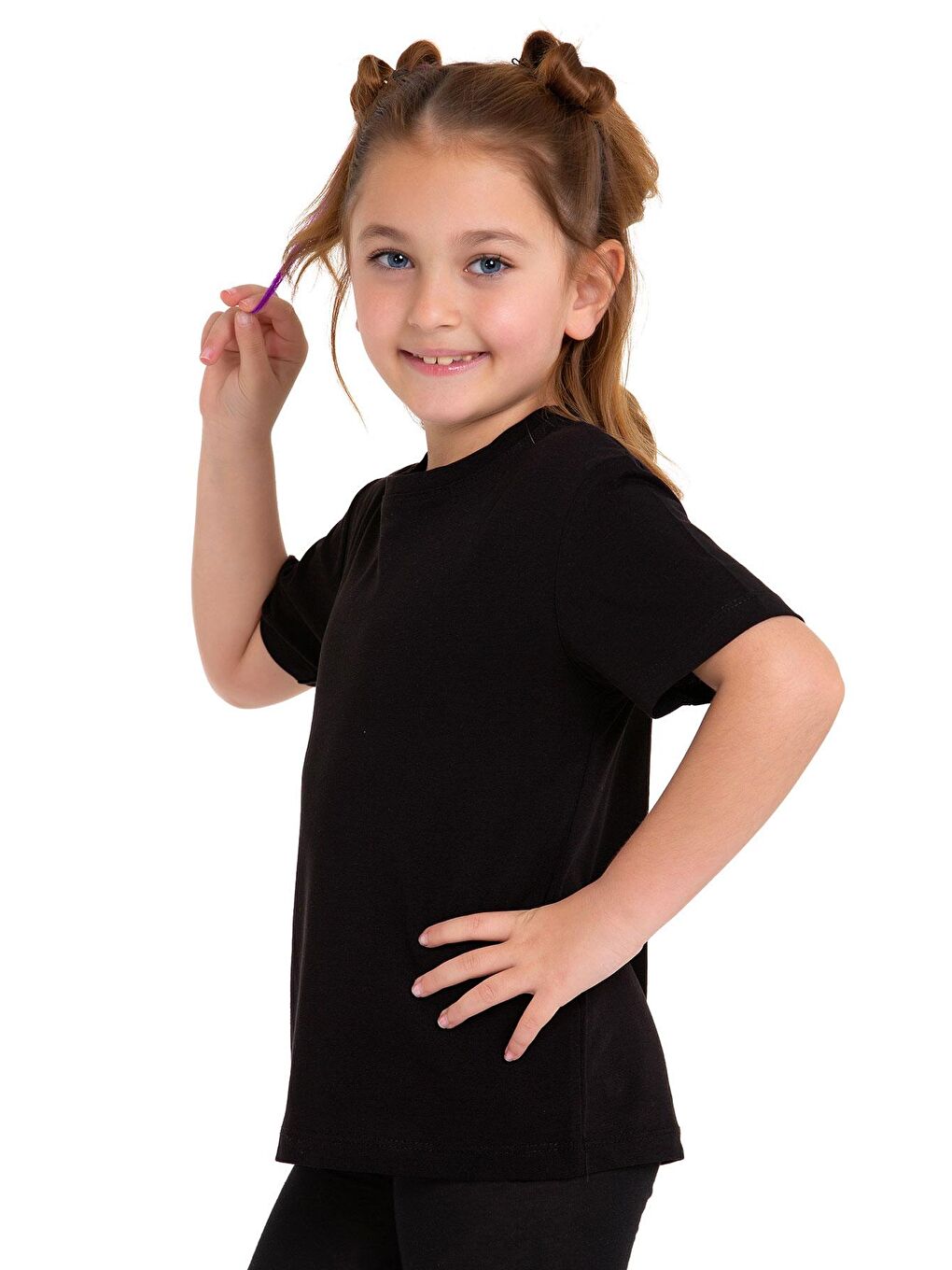 Bisiklet Yaka Kısa Kol Baskısız Siyah Renk Kız Çocuk Tshirt-1