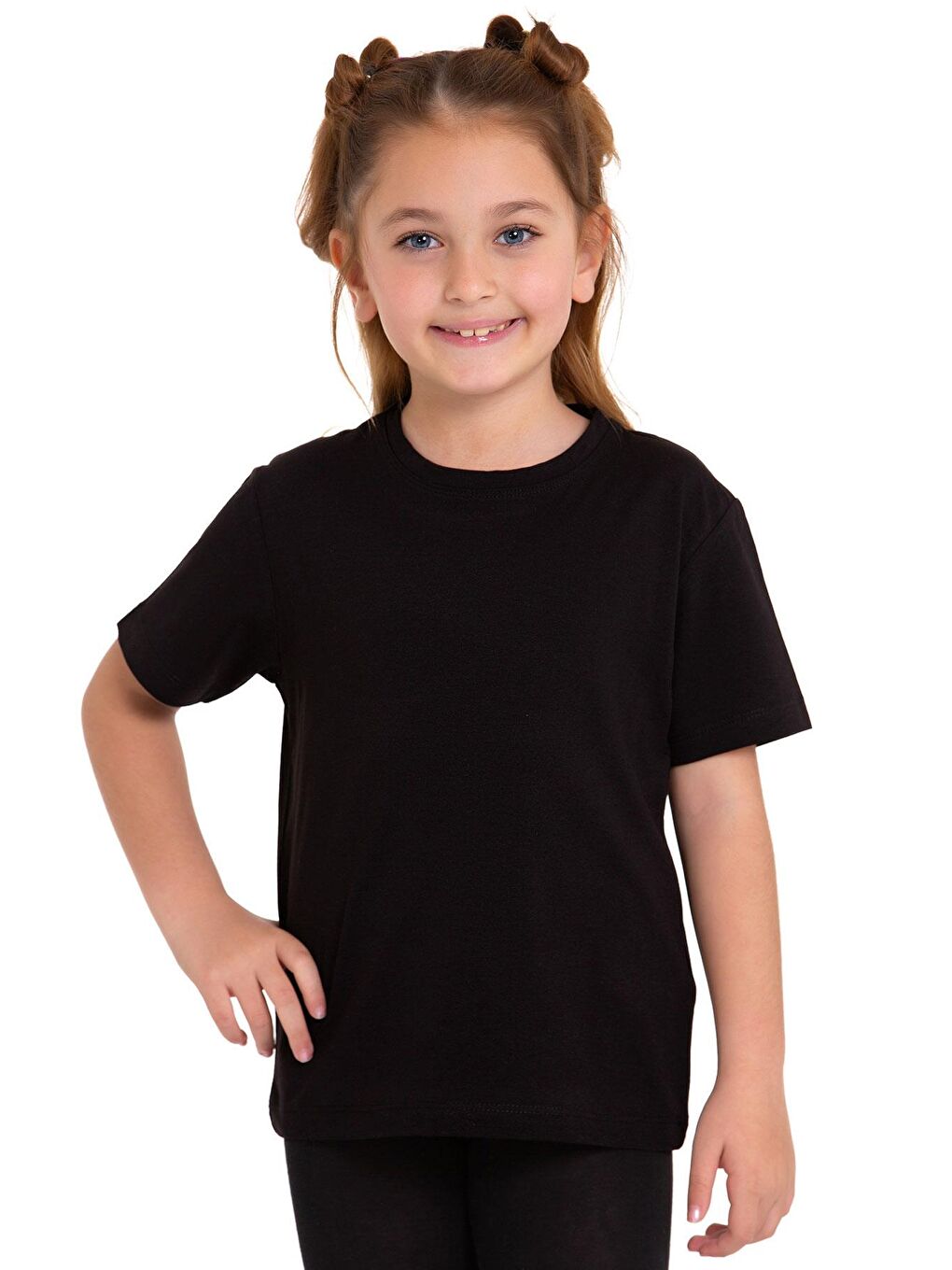 Bisiklet Yaka Kısa Kol Baskısız Siyah Renk Kız Çocuk Tshirt-2