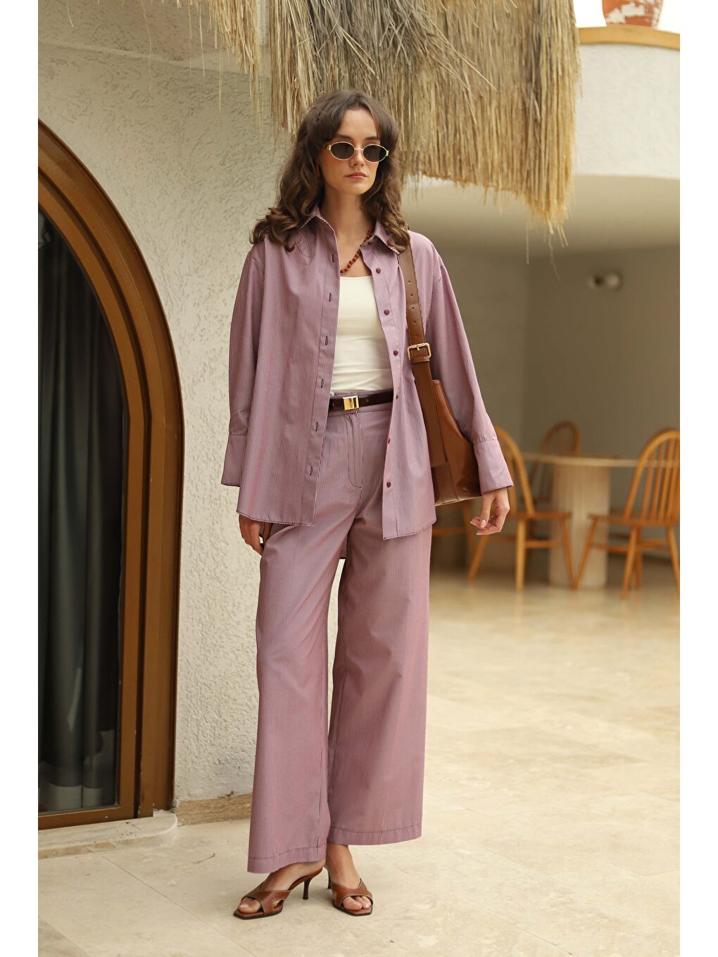 Çizgili Geniş Paça Pantolon Bordo