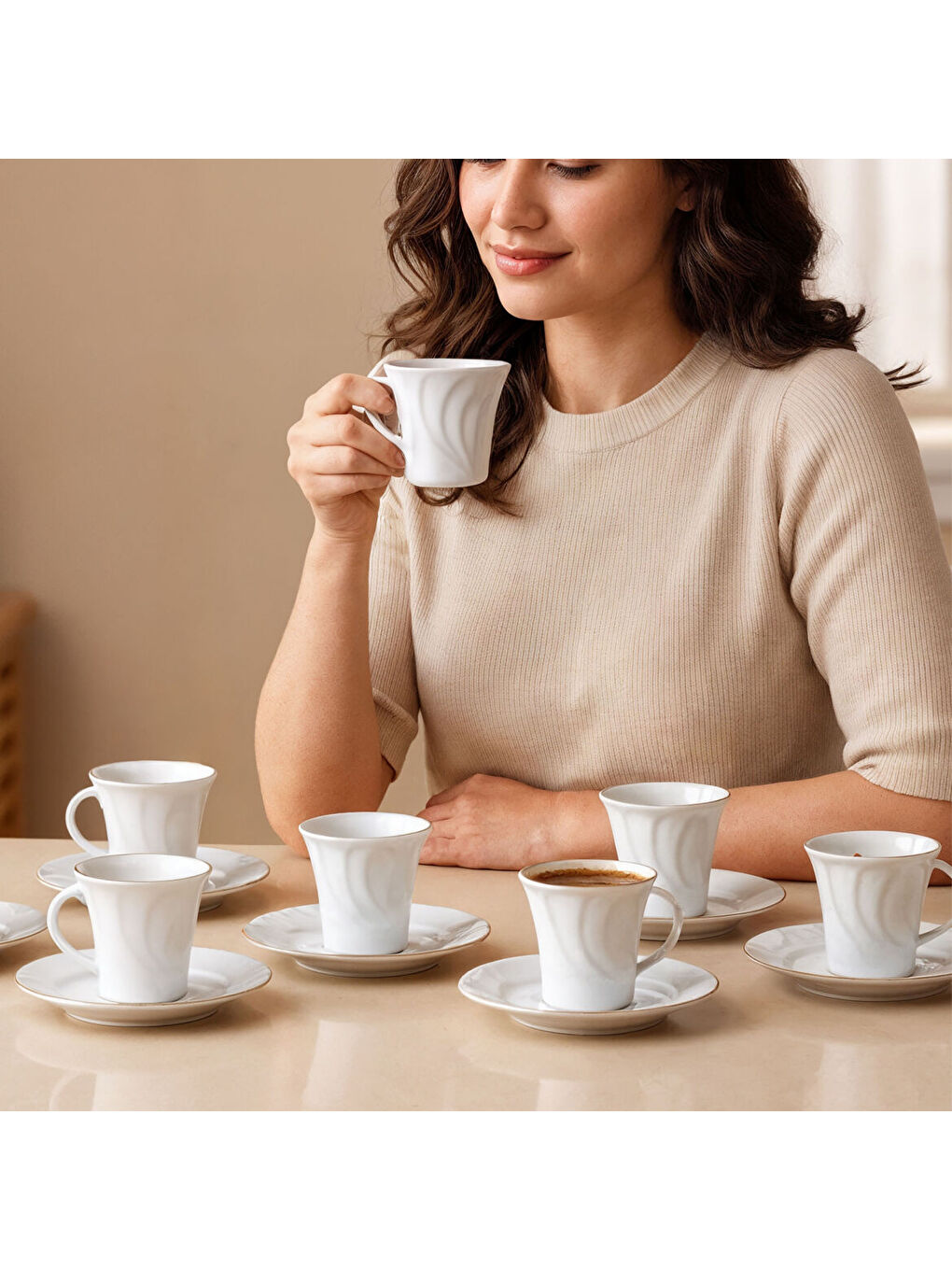 Ekru Soprano 12 Parça 6 Kişilik Türk Kahvesi Takımı - 23-1