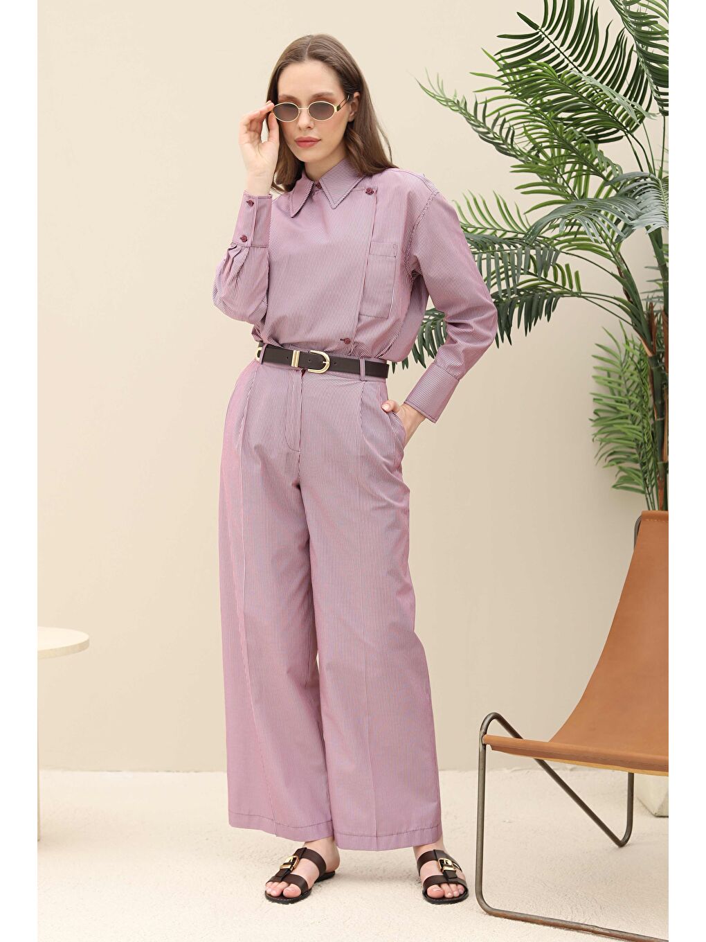 Çizgili Geniş Paça Pantolon Bordo-1