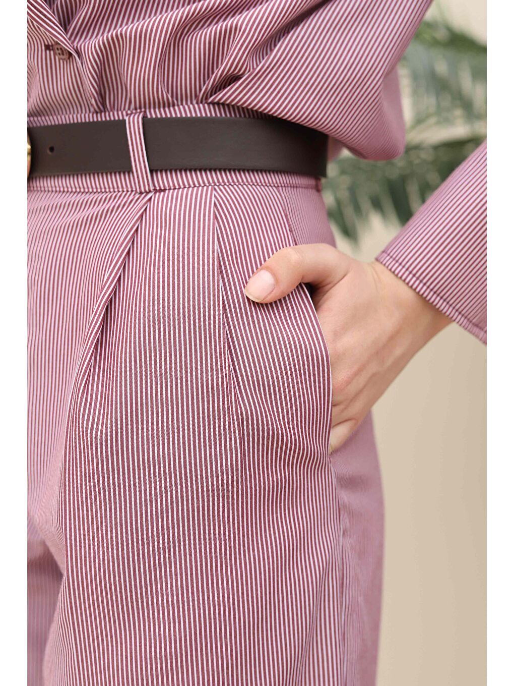 Çizgili Geniş Paça Pantolon Bordo-2