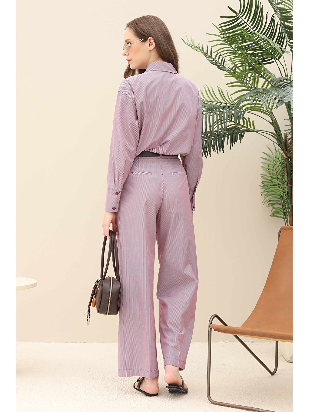 Çizgili Geniş Paça Pantolon Bordo-3