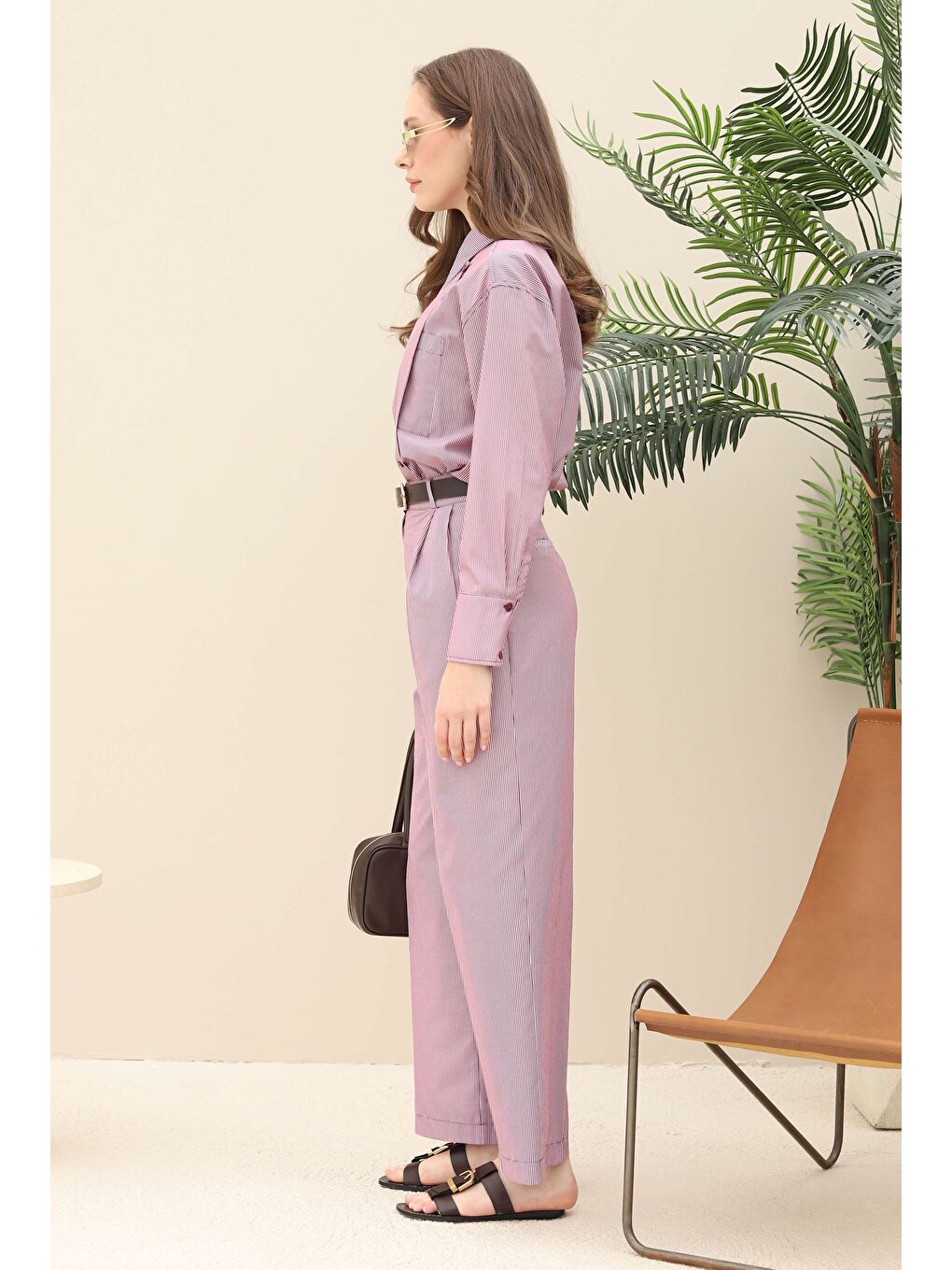 Çizgili Geniş Paça Pantolon Bordo-4