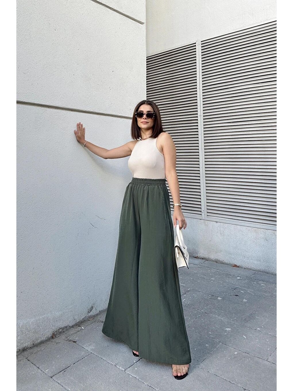 Haki Beli Lastikli İspanyol Bol Paça Pantolon-1