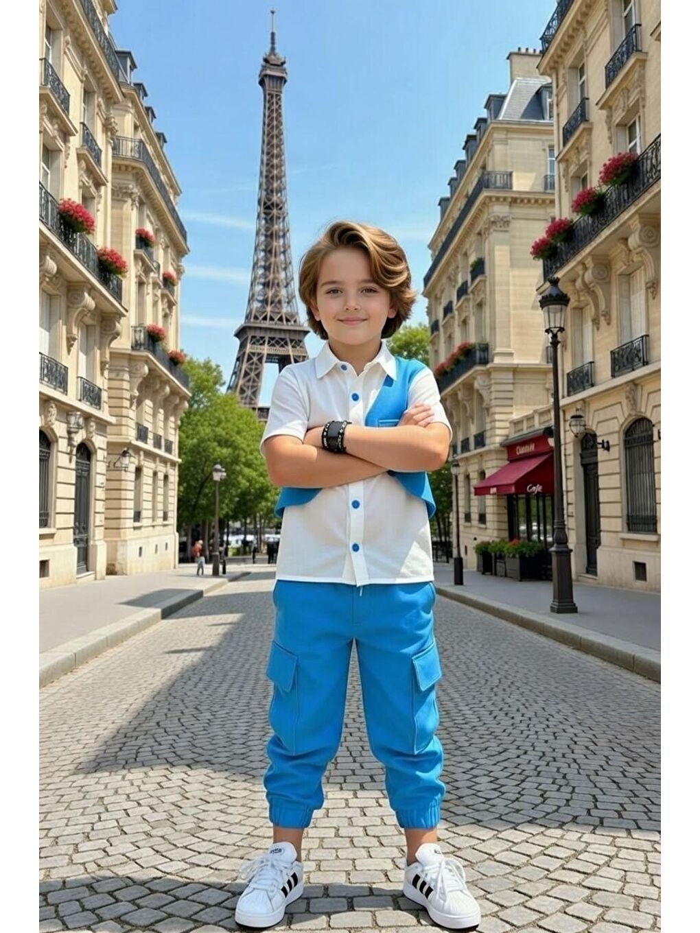 Erkek Çocuk Gabardin Gömlek ve Kemerli Yelek Kargo Cepli Pantolon Mavi Alt Üst Takım-1