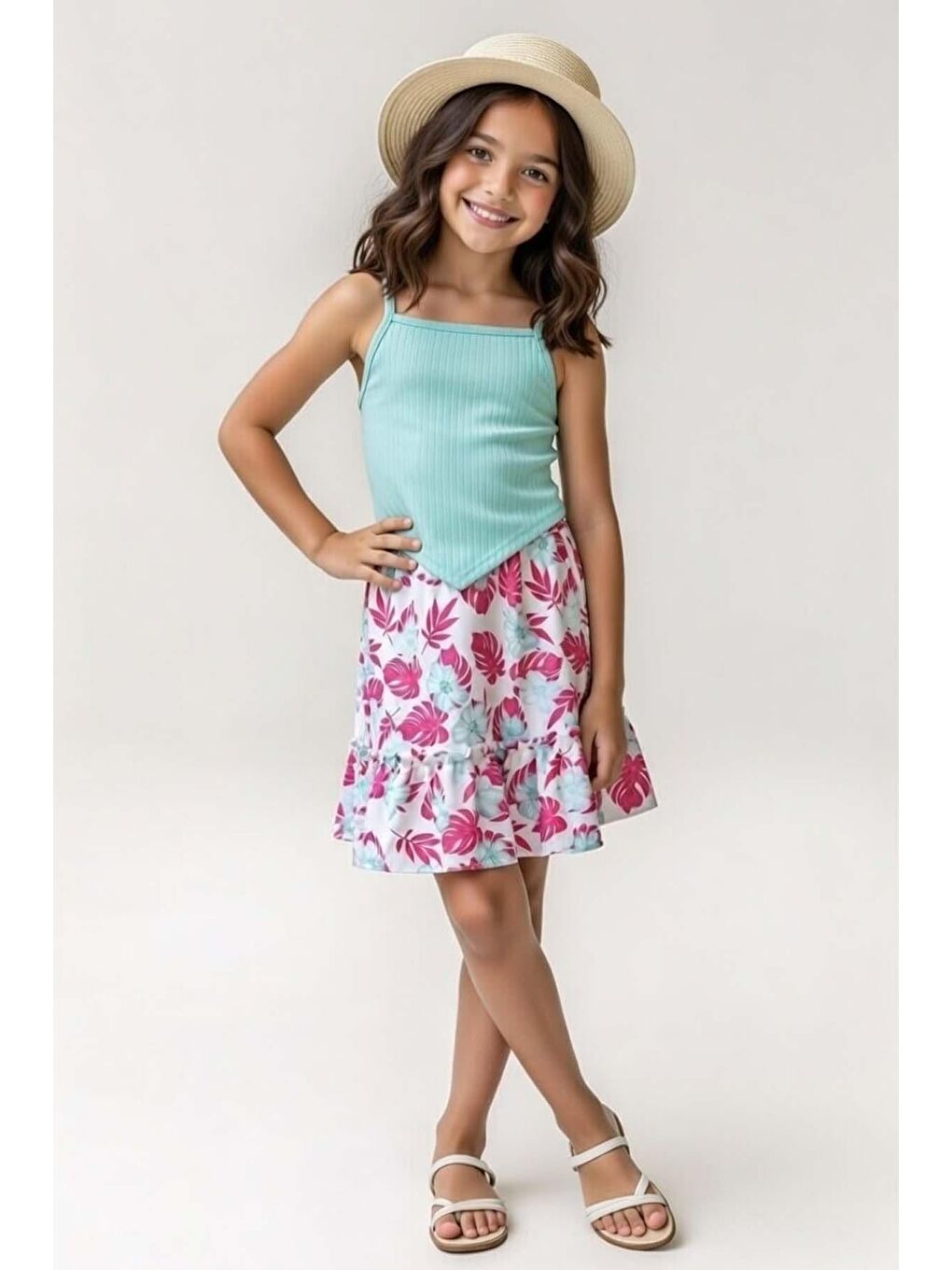 Kız Çocuk İp Askılı Kolsuz Kaşkorse Crop, Fuşya Yaprak Baskılı Etekli Takım-1