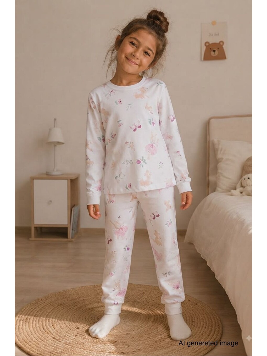 Ekru Kız Çocuk Yeni Sezon Pamuklu Desenli Pijama Takım Tkm1021