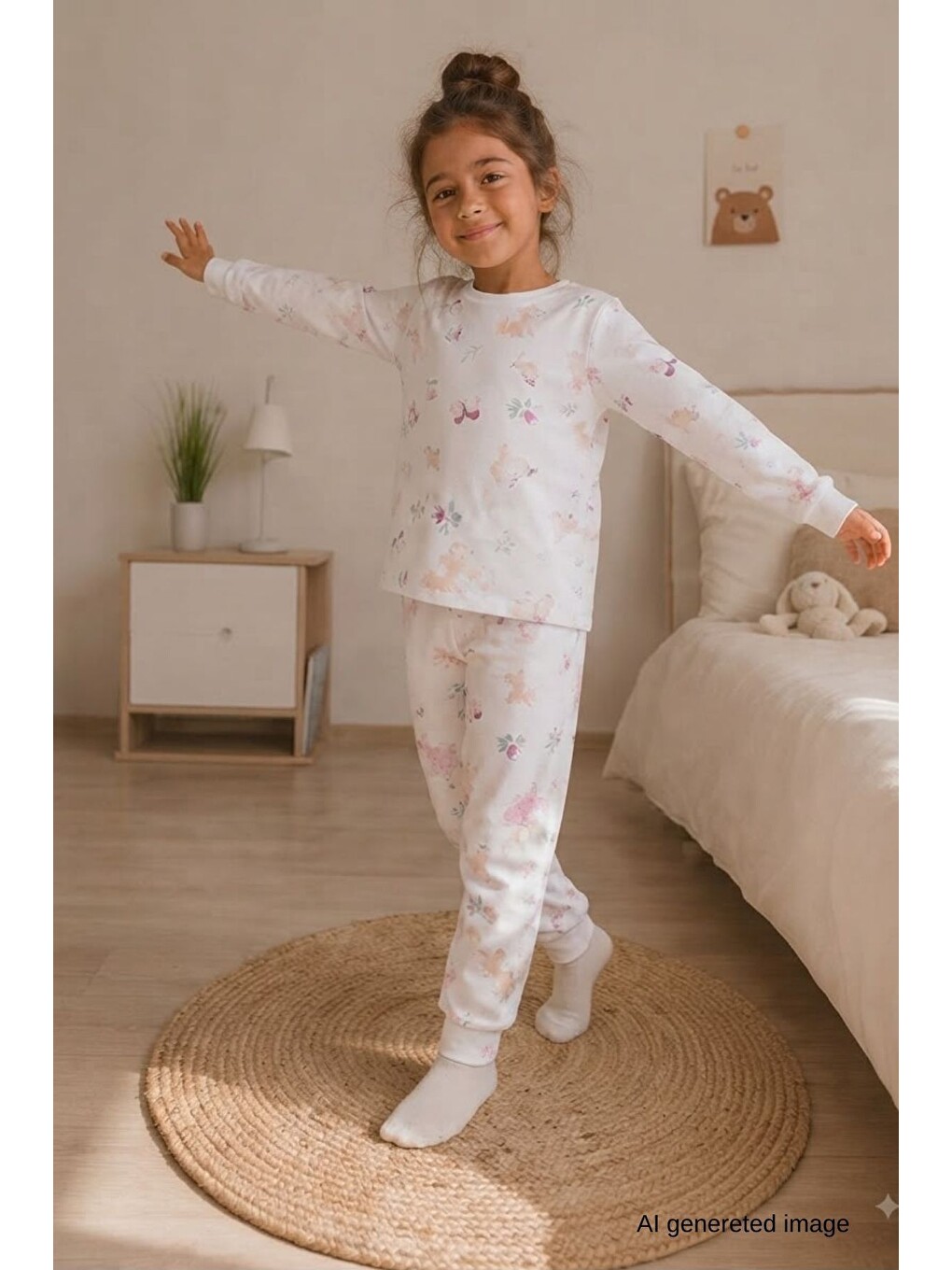 Ekru Kız Çocuk Yeni Sezon Pamuklu Desenli Pijama Takım Tkm1021-1