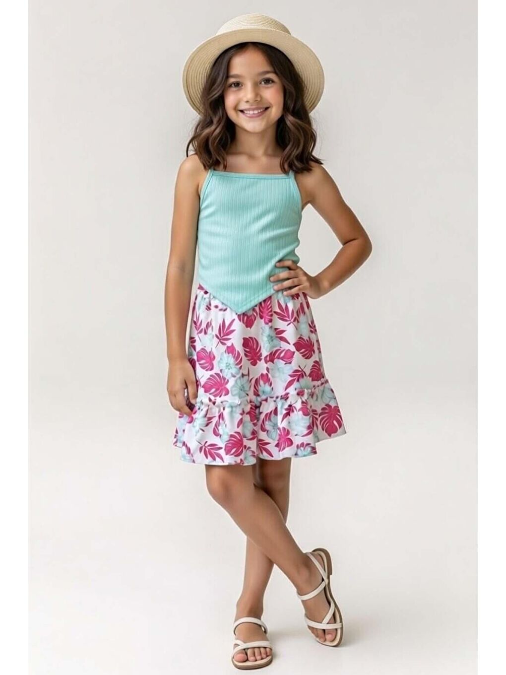 Kız Çocuk İp Askılı Kolsuz Kaşkorse Crop, Fuşya Yaprak Baskılı Etekli Takım-2