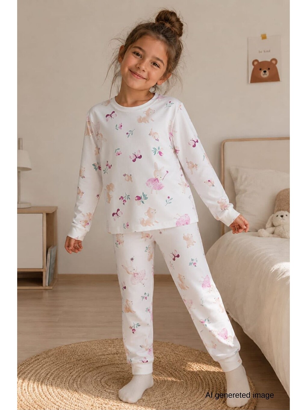 Ekru Kız Çocuk Yeni Sezon Pamuklu Desenli Pijama Takım Tkm1021-2