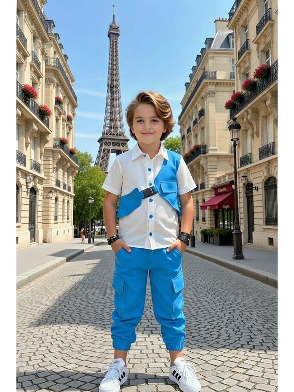 Erkek Çocuk Gabardin Gömlek ve Kemerli Yelek Kargo Cepli Pantolon Mavi Alt Üst Takım-2