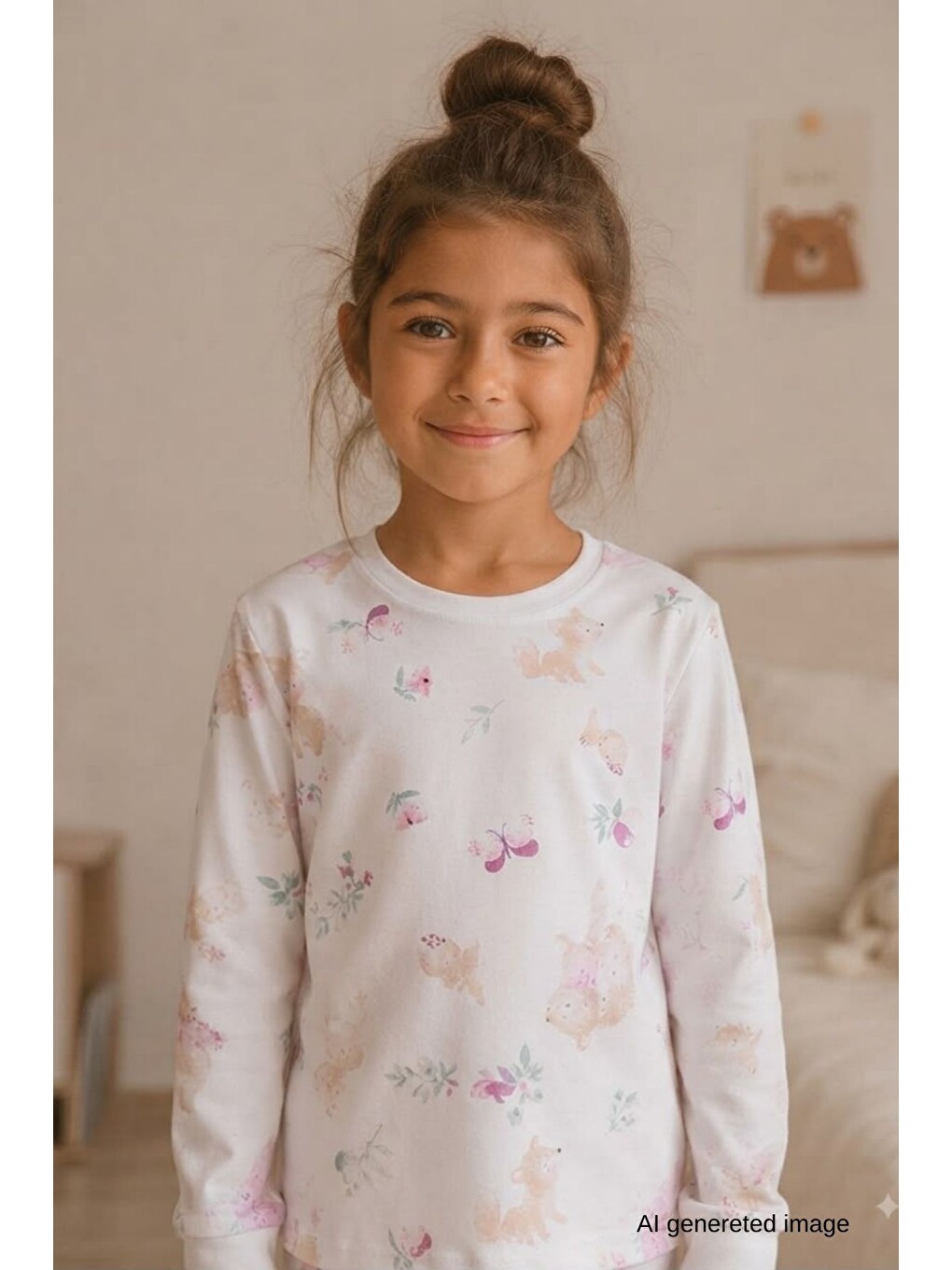 Ekru Kız Çocuk Yeni Sezon Pamuklu Desenli Pijama Takım Tkm1021-3