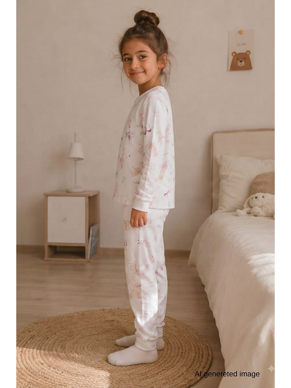 Ekru Kız Çocuk Yeni Sezon Pamuklu Desenli Pijama Takım Tkm1021-5