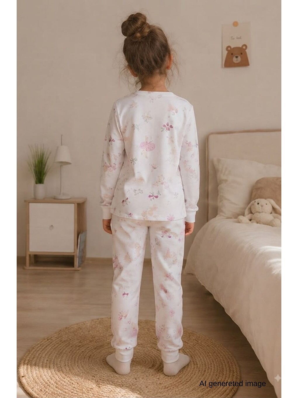 Ekru Kız Çocuk Yeni Sezon Pamuklu Desenli Pijama Takım Tkm1021-6