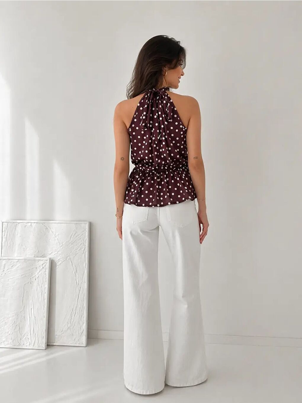 Kahverengi Puantiyeli Halter Yaka Bluz-2