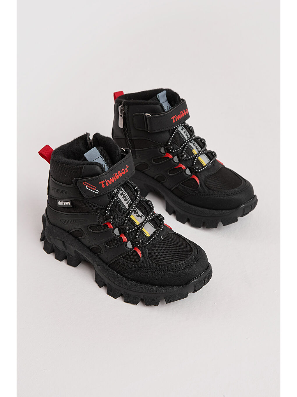 Çocuk Unisex Siyah Kırmızı Kalın Kauçuk Taban Lastik Bağcıklı Cırtlı Outdoor Trekking Bot-1