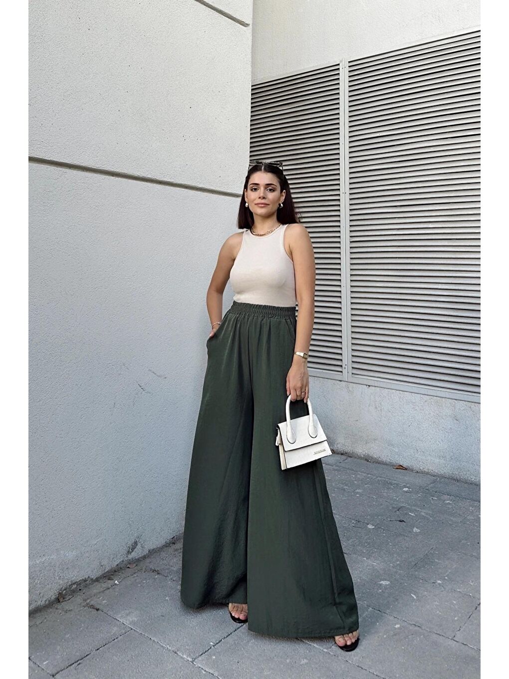 Haki Beli Lastikli İspanyol Bol Paça Pantolon-2