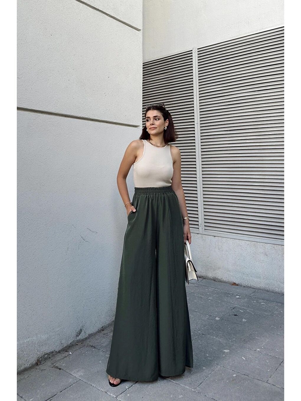 Haki Beli Lastikli İspanyol Bol Paça Pantolon-3