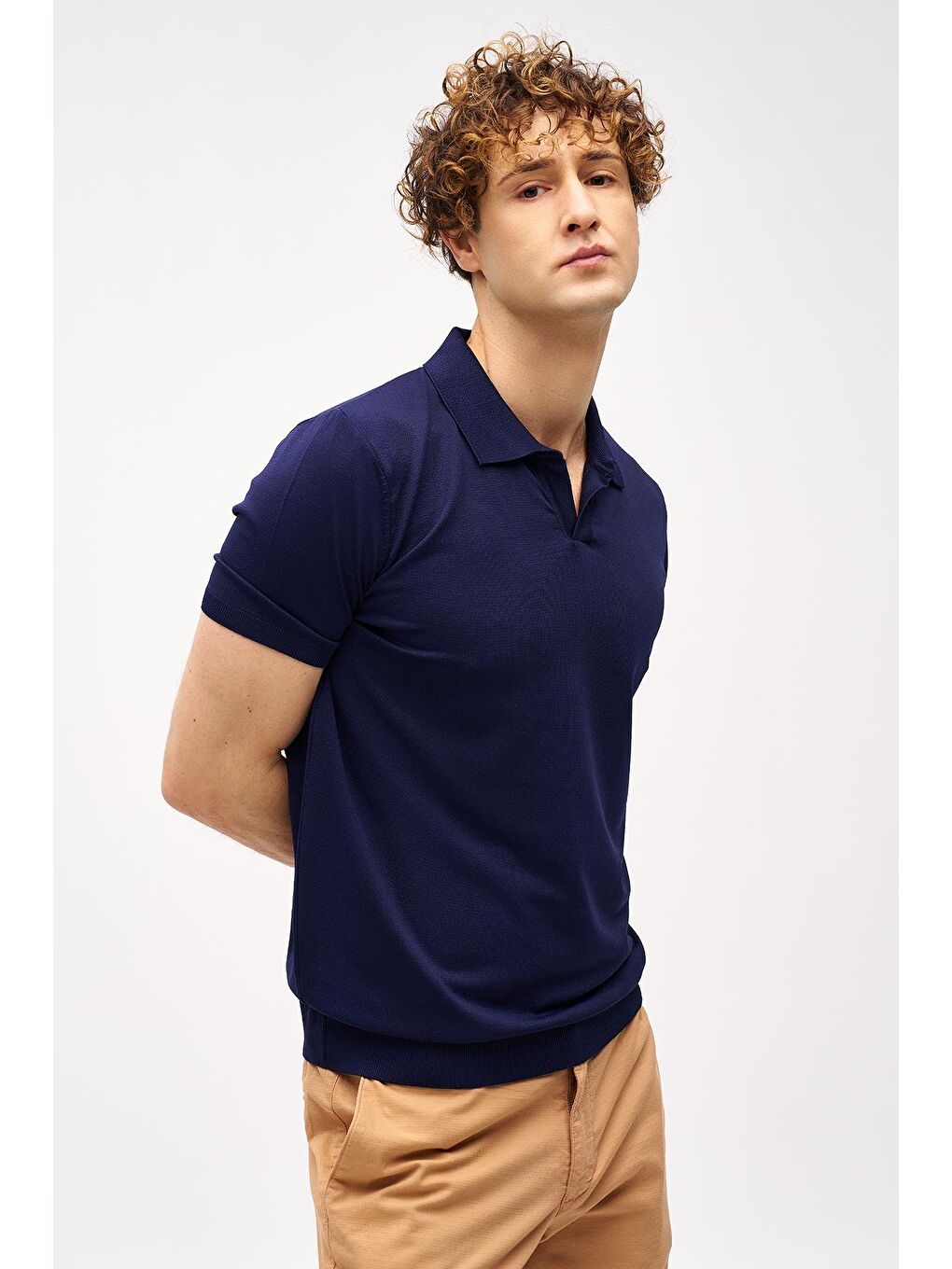 Lacivert Slim Fit Dar Kalıp Polo Yaka Düz Kısa Kollu Triko Tişört-1