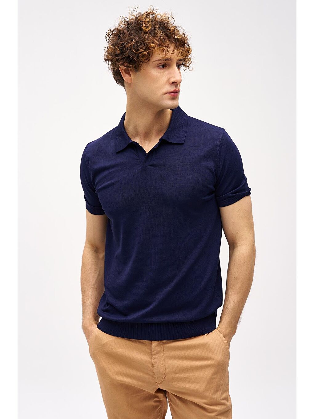 Lacivert Slim Fit Dar Kalıp Polo Yaka Düz Kısa Kollu Triko Tişört-2
