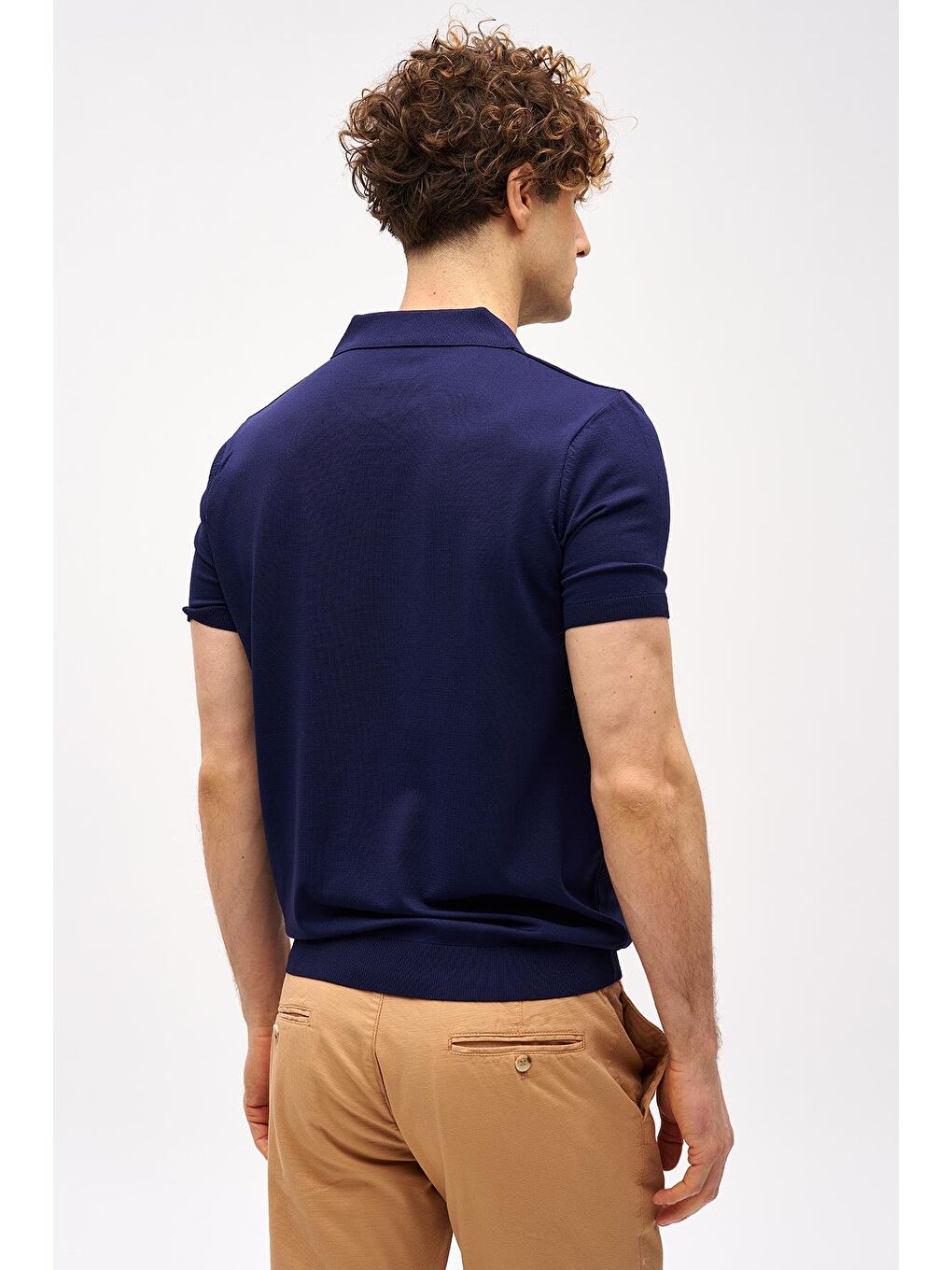 Lacivert Slim Fit Dar Kalıp Polo Yaka Düz Kısa Kollu Triko Tişört-3