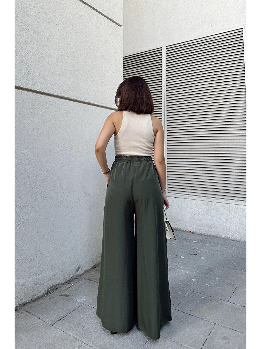 Haki Beli Lastikli İspanyol Bol Paça Pantolon-4