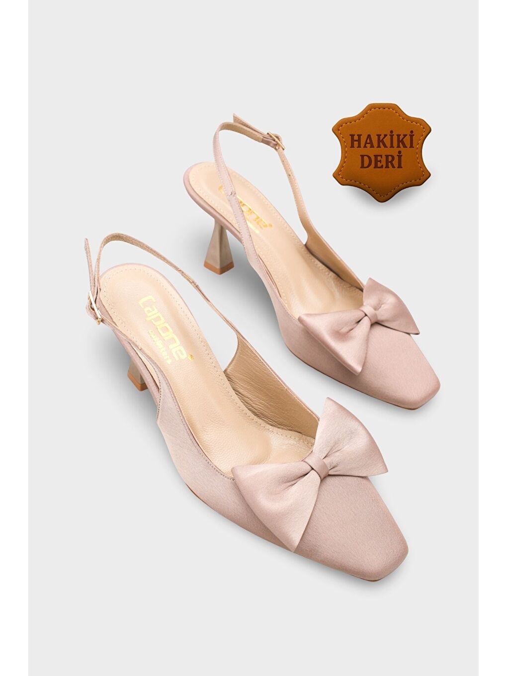 Bej Pam Küt Sivri Burunlu Fiyonklu Arkası Açık Saten Kadın Ayakkabı-1