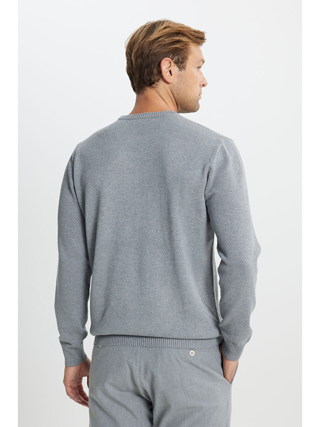 Erkek Gri Melanj Standart Fit Normal Kesim Bisiklet Yaka Jakarlı Triko Kazak-5