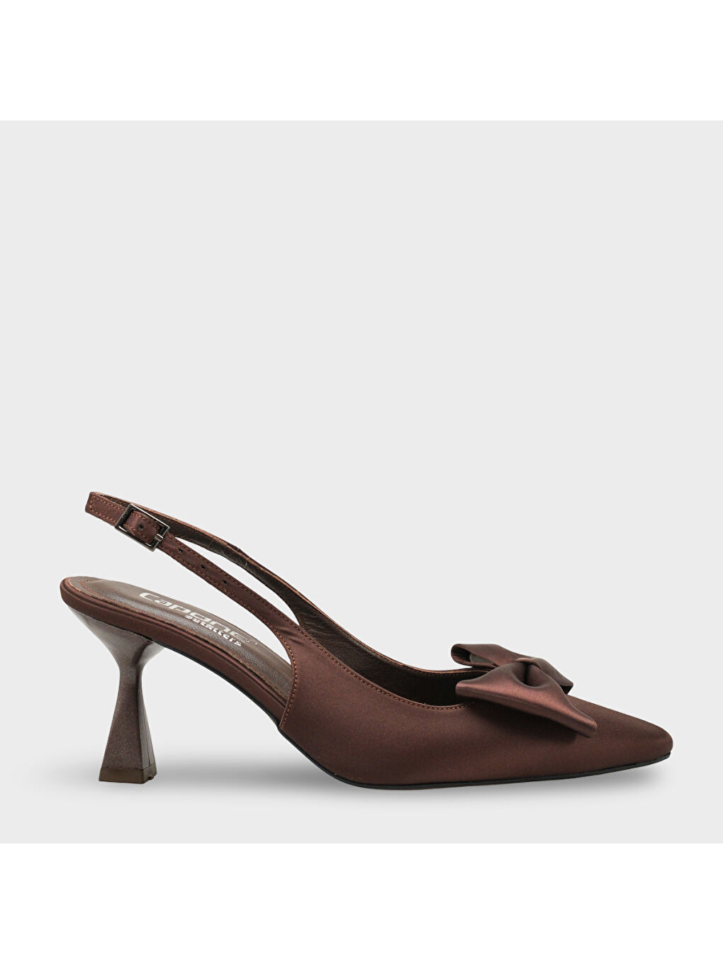 Kahverengi Pam Küt Sivri Burunlu Fiyonklu Arkası Açık Saten Kadın Ayakkabı