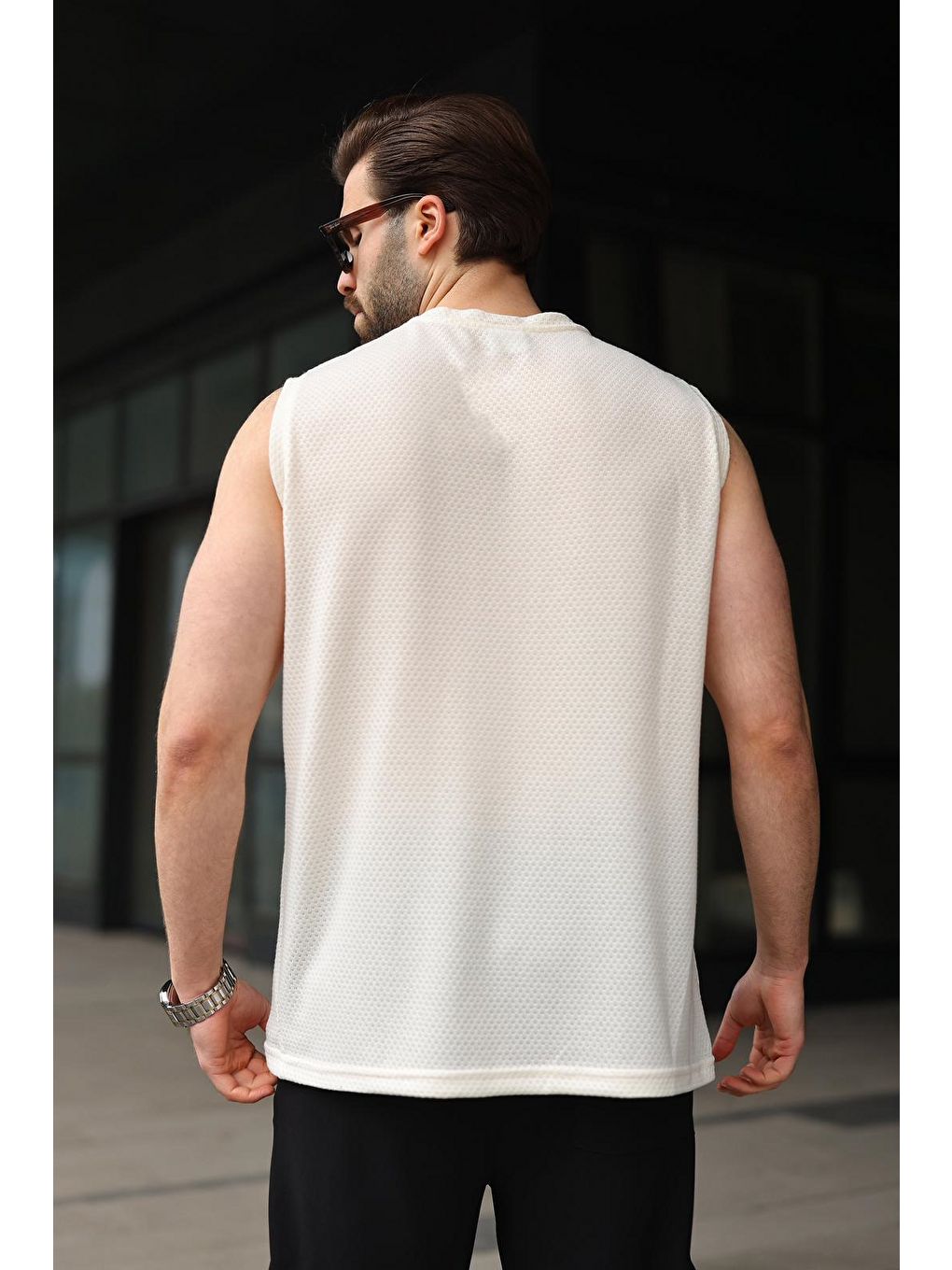 Ekru Bisiklet Yaka Jakarlı Kolsuz Erkek Tişört E7180-3