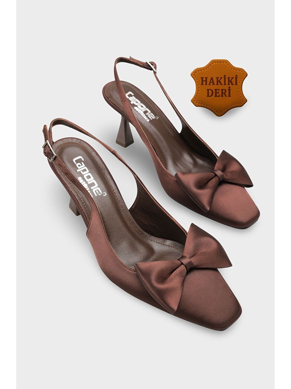 Kahverengi Pam Küt Sivri Burunlu Fiyonklu Arkası Açık Saten Kadın Ayakkabı-1