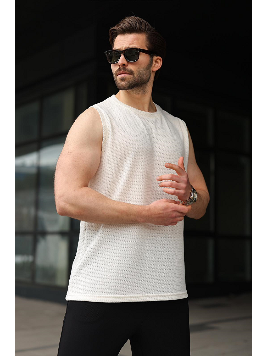 Ekru Bisiklet Yaka Jakarlı Kolsuz Erkek Tişört E7180-4