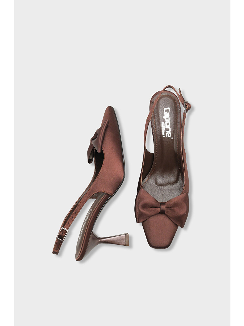 Kahverengi Pam Küt Sivri Burunlu Fiyonklu Arkası Açık Saten Kadın Ayakkabı-3