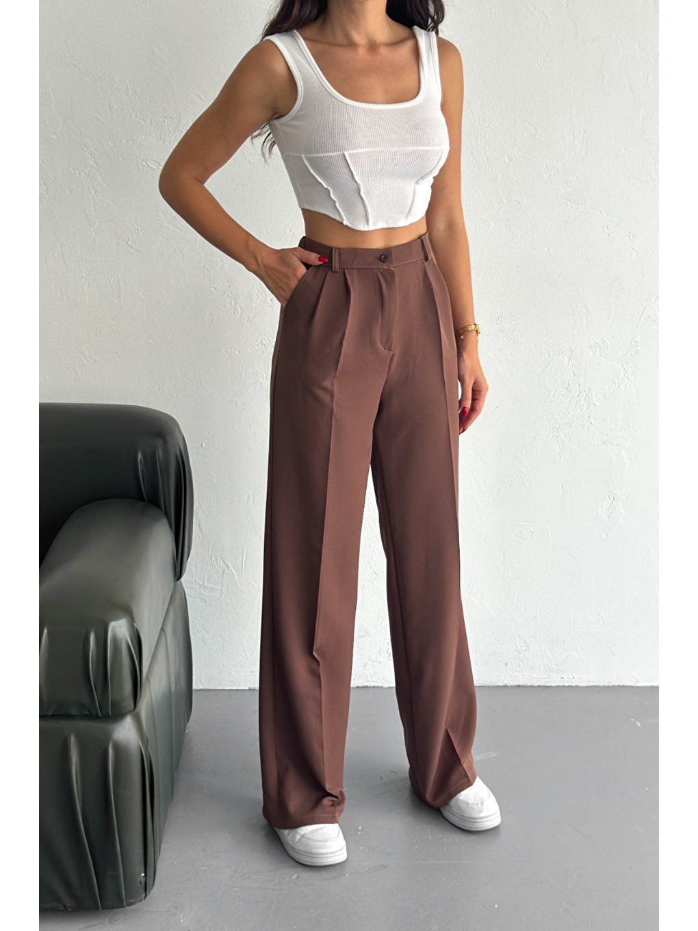 Kadın Double Bol Paça Palazzo Pantolon Kahverengi