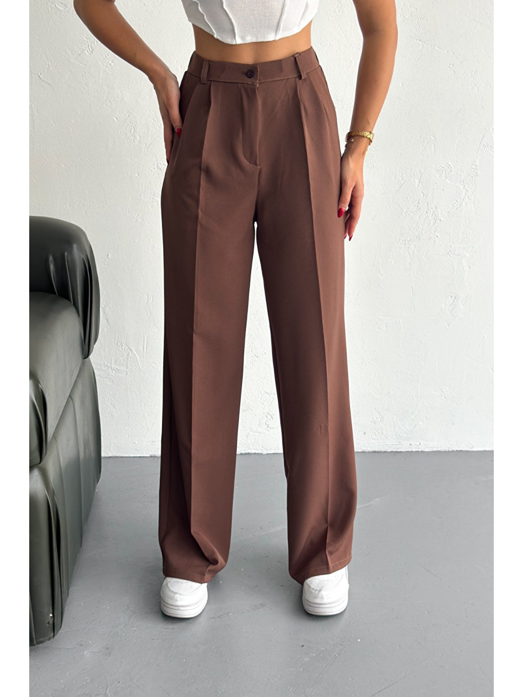 Kadın Double Bol Paça Palazzo Pantolon Kahverengi-1