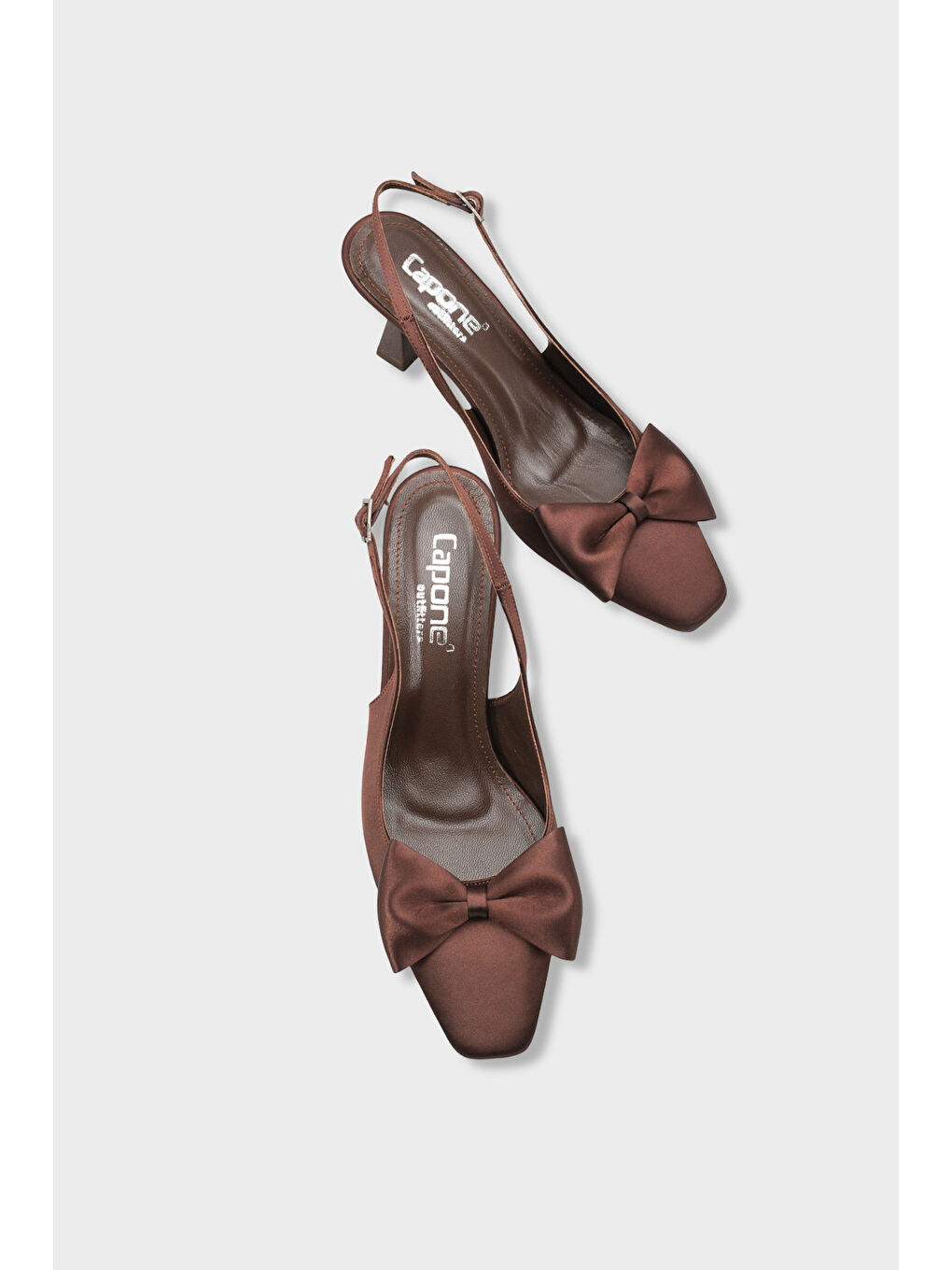 Kahverengi Pam Küt Sivri Burunlu Fiyonklu Arkası Açık Saten Kadın Ayakkabı-4