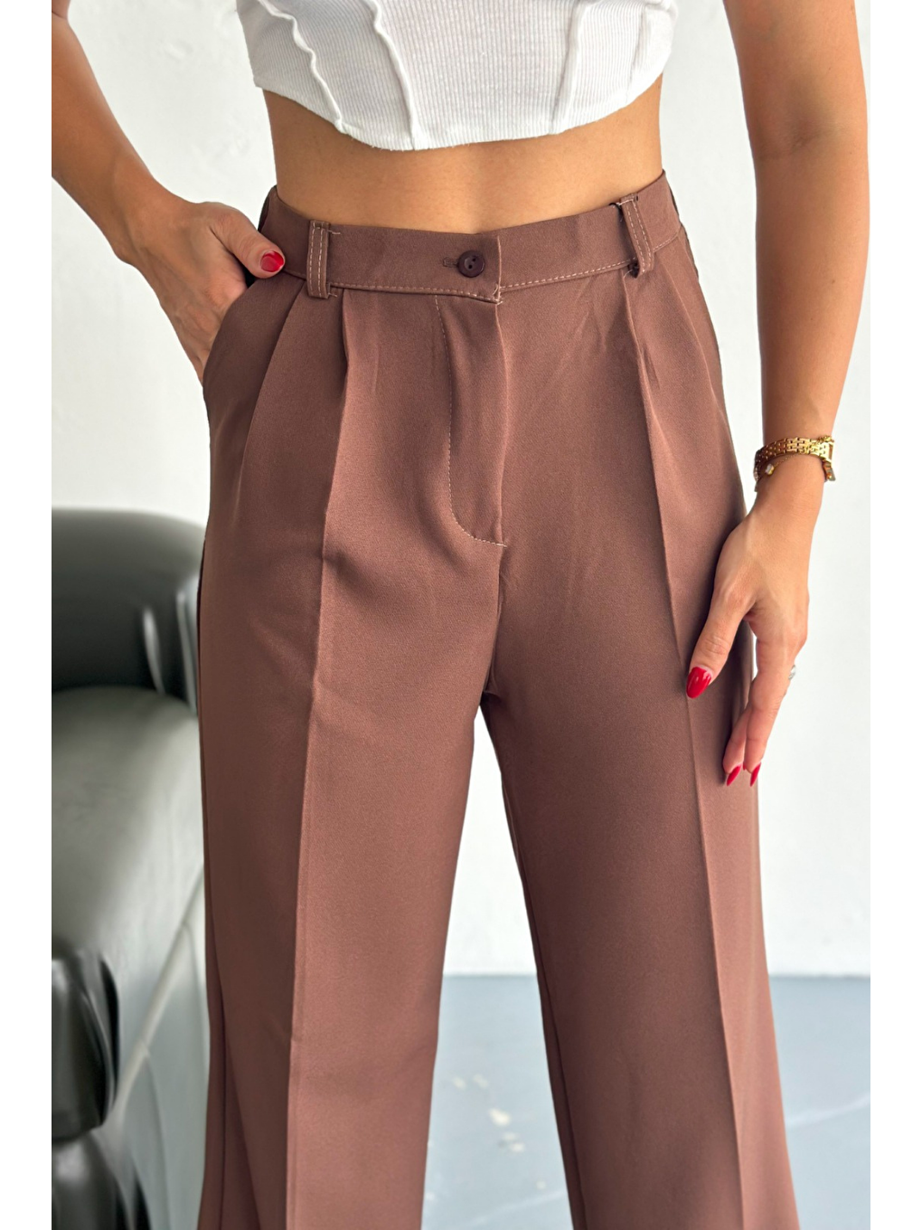 Kadın Double Bol Paça Palazzo Pantolon Kahverengi-2