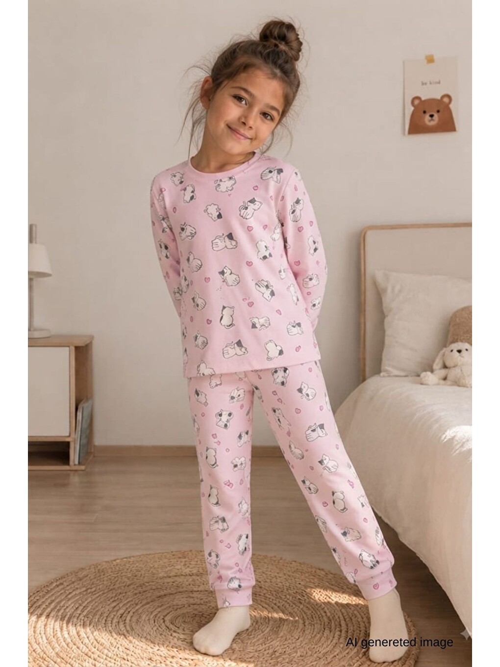 Pembe Kız Çocuk Yeni Sezon Pamuklu Desenli Pijama Takım Tkm1021-1