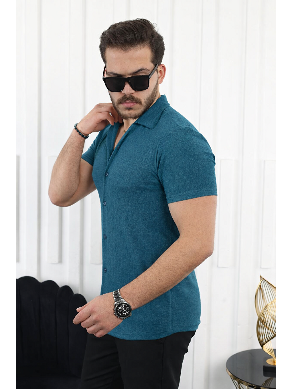 Erkek Kendinden Desenli Kısa Kol Petrol Keten Gömlek-1