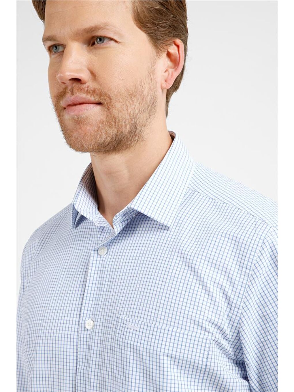 Beyaz - Mavi Kareli Desen Sert Yaka Uzun Kol Cepli Comfort Fit Pamuklu Gömlek 1004255209-3