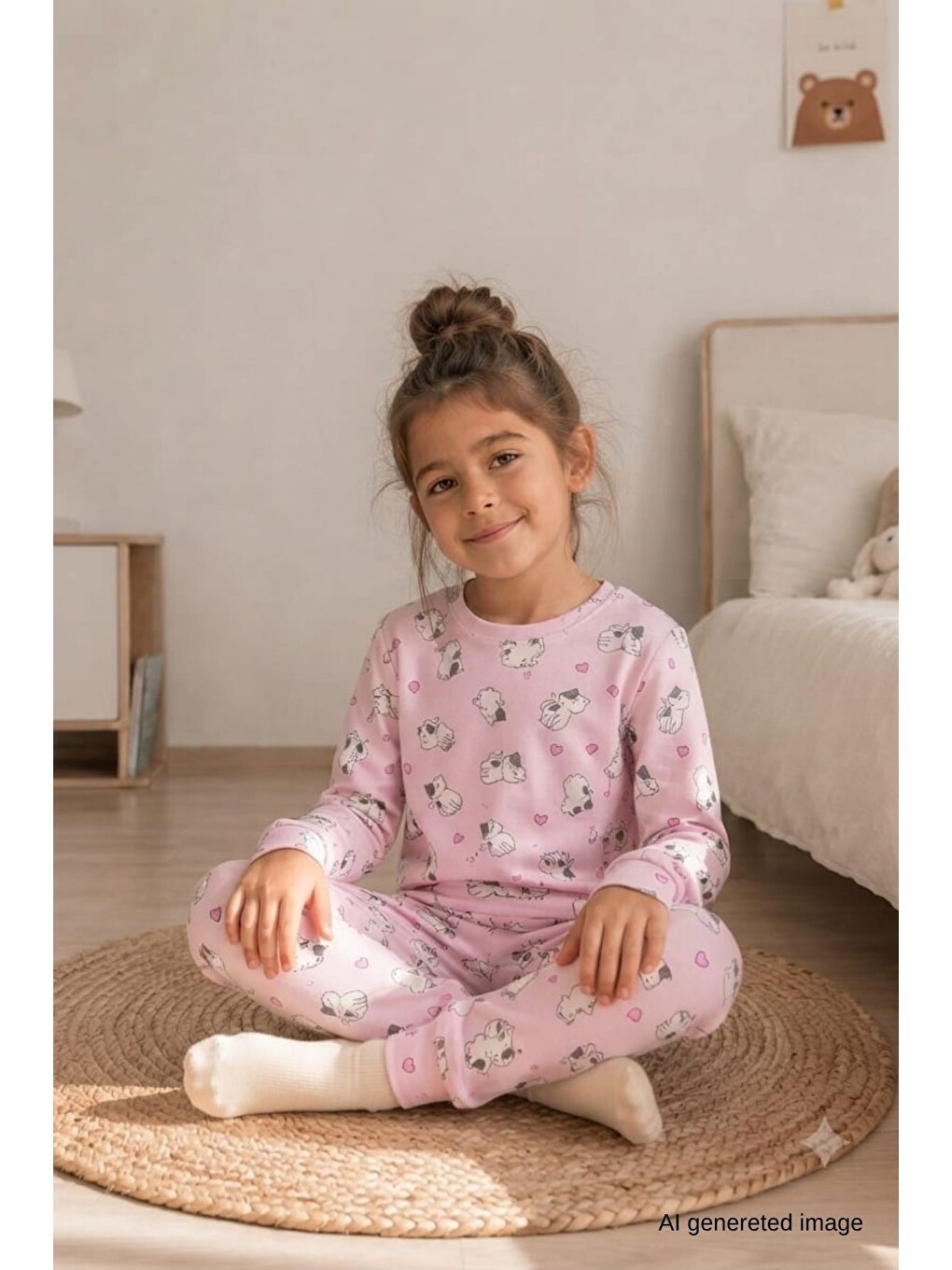 Pembe Kız Çocuk Yeni Sezon Pamuklu Desenli Pijama Takım Tkm1021-3