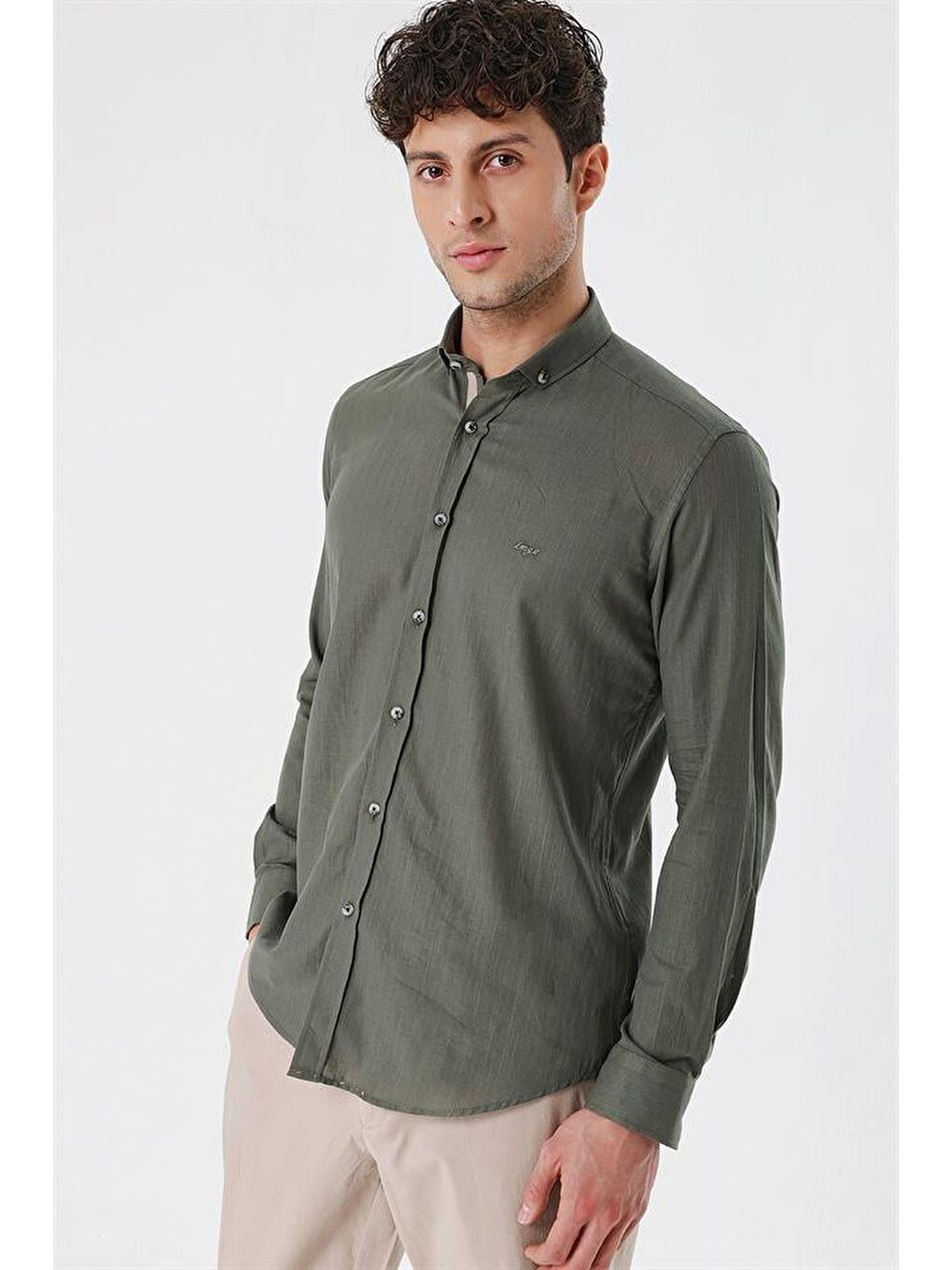 Haki Kısalabilir Kollu Cepsiz Biyeli %100 Pamuk Casual Slim Fit Dar Kesim Gömlek 1004230179-1