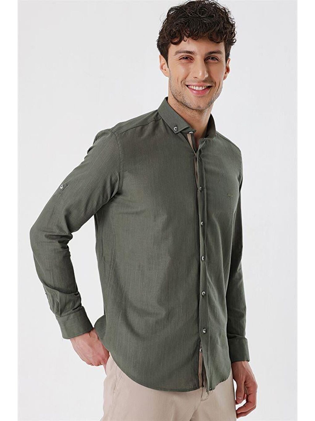 Haki Kısalabilir Kollu Cepsiz Biyeli %100 Pamuk Casual Slim Fit Dar Kesim Gömlek 1004230179-2