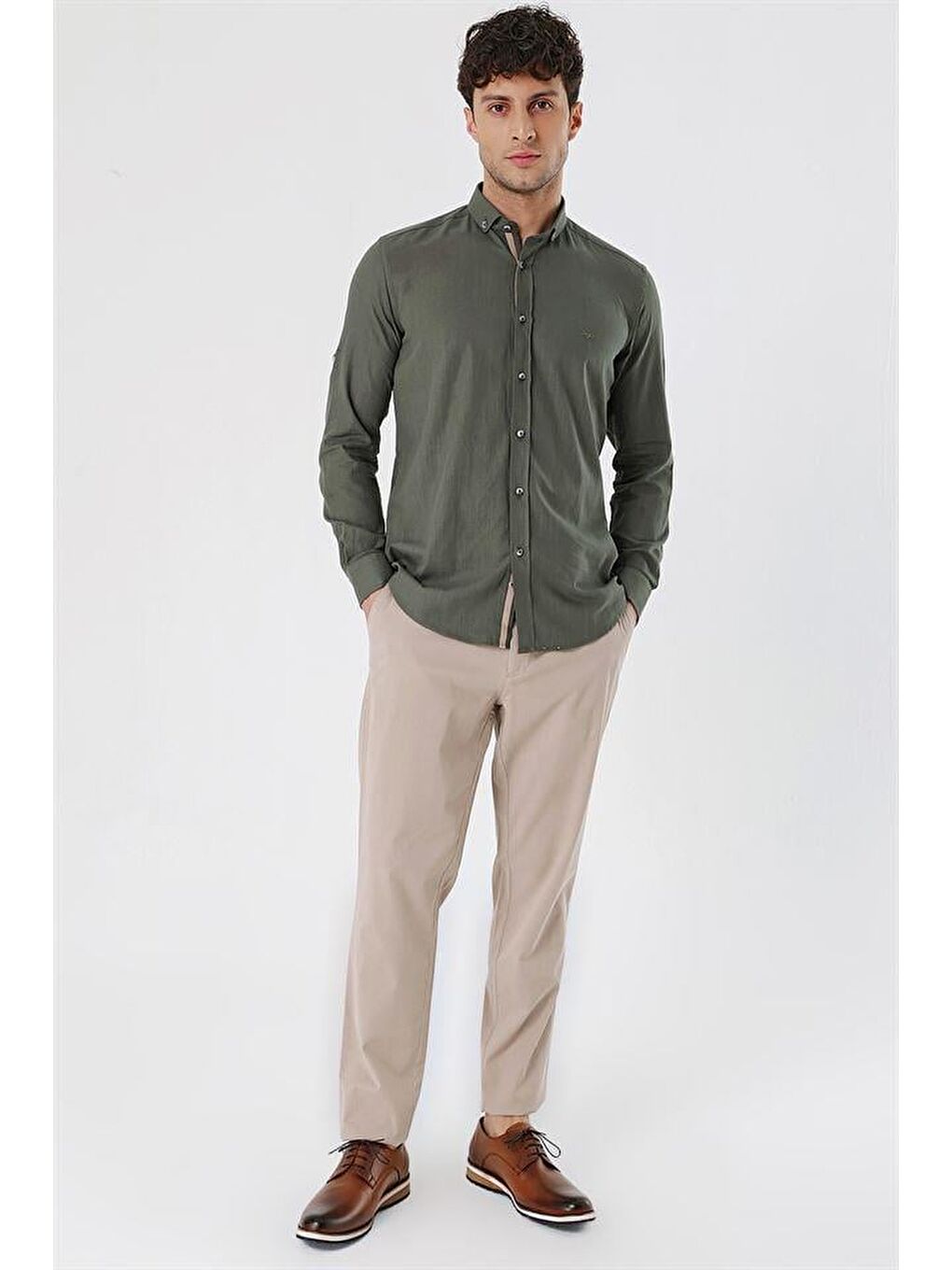 Haki Kısalabilir Kollu Cepsiz Biyeli %100 Pamuk Casual Slim Fit Dar Kesim Gömlek 1004230179-3