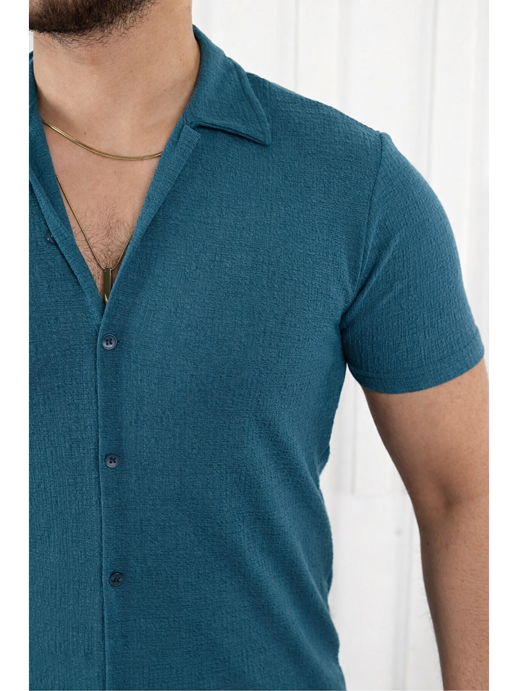 Erkek Kendinden Desenli Kısa Kol Petrol Keten Gömlek-2