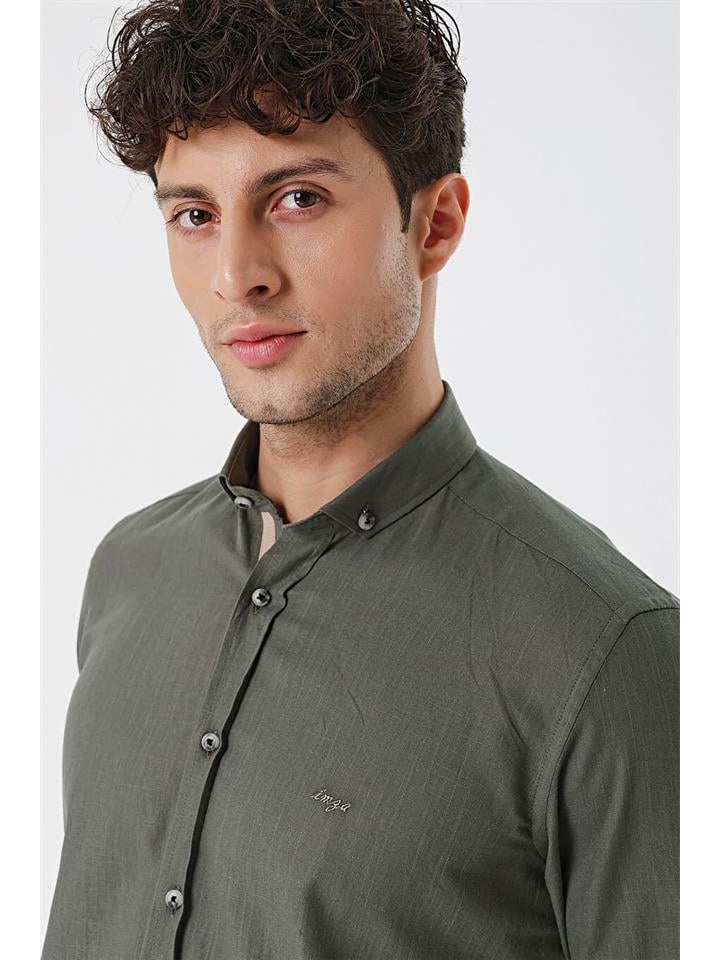 Haki Kısalabilir Kollu Cepsiz Biyeli %100 Pamuk Casual Slim Fit Dar Kesim Gömlek 1004230179-4